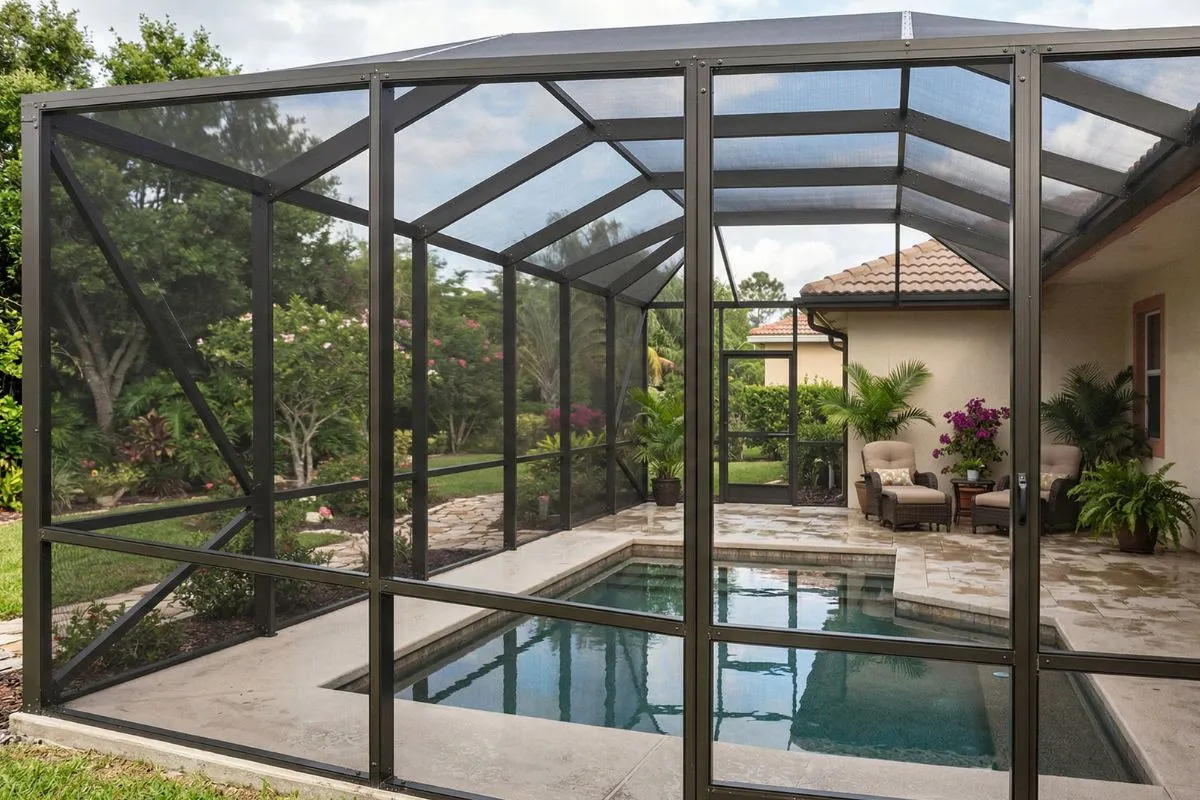 Traditional fixed screen patio enclosure with permanent aluminum frame